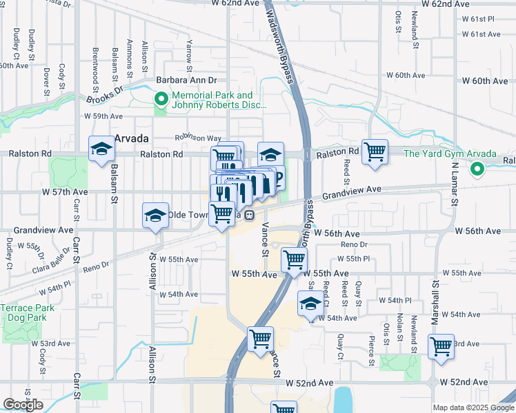 map of restaurants, bars, coffee shops, grocery stores, and more near 7413 Grandview Avenue in Arvada