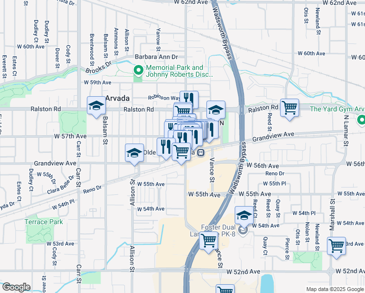 map of restaurants, bars, coffee shops, grocery stores, and more near 7519 Grandview Avenue in Arvada
