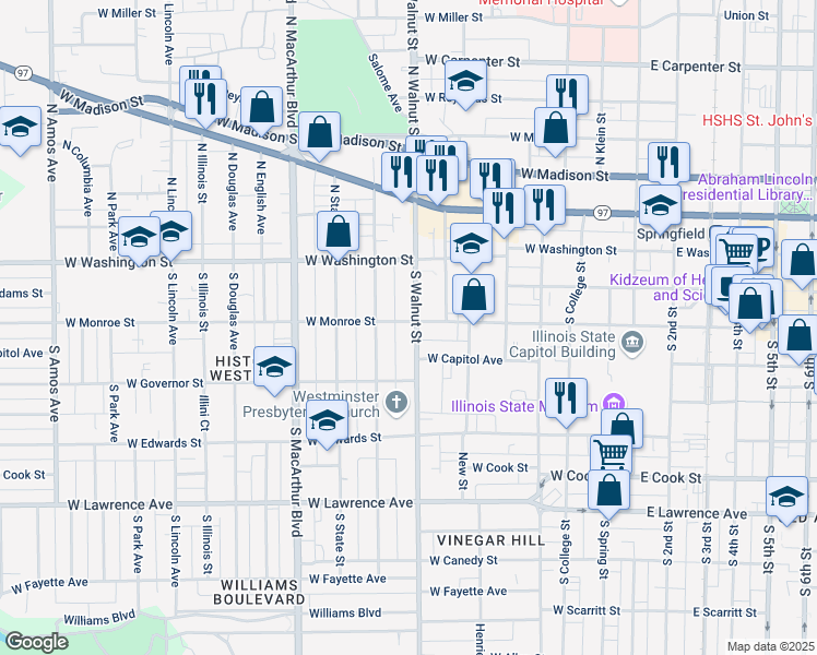 map of restaurants, bars, coffee shops, grocery stores, and more near 704 West Monroe Street in Springfield