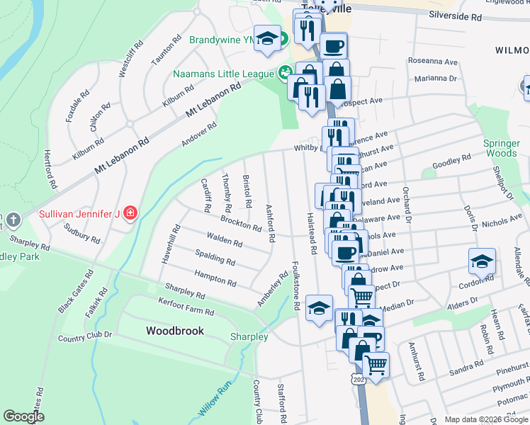 map of restaurants, bars, coffee shops, grocery stores, and more near 706 Ashford Road in Wilmington