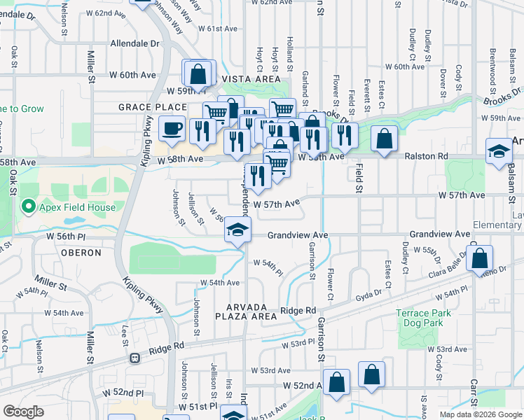 map of restaurants, bars, coffee shops, grocery stores, and more near 9436 West 57th Avenue in Arvada