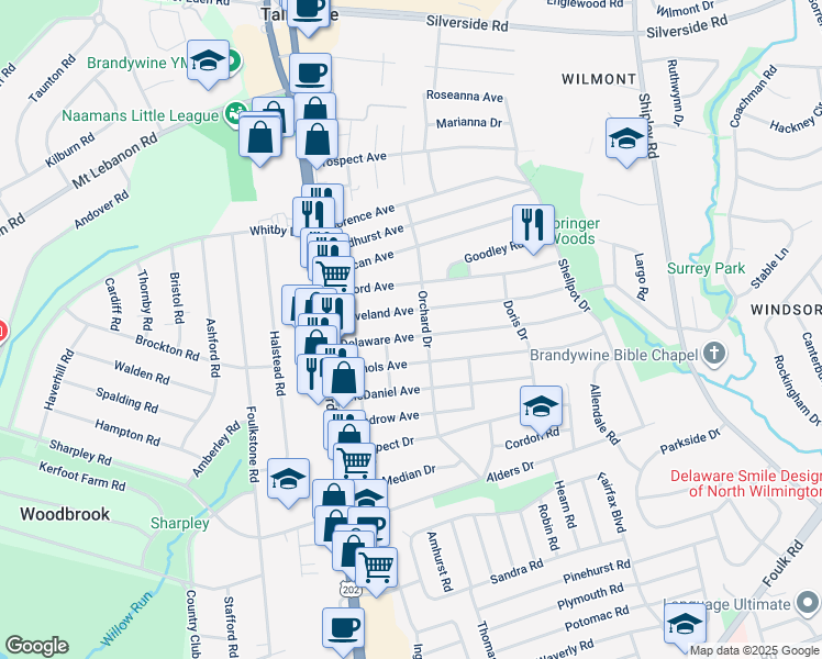 map of restaurants, bars, coffee shops, grocery stores, and more near 213 Delaware Avenue in Wilmington