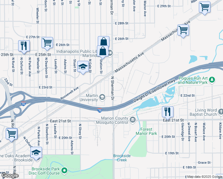 map of restaurants, bars, coffee shops, grocery stores, and more near 2226 North Sherman Drive in Indianapolis