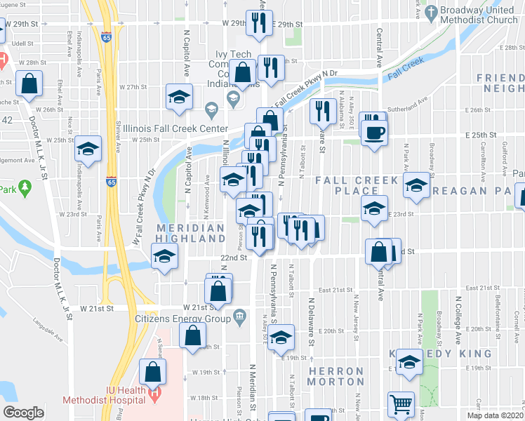 map of restaurants, bars, coffee shops, grocery stores, and more near 2305 North Meridian Street in Indianapolis