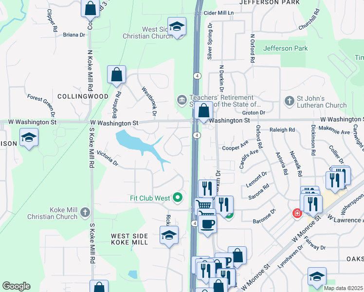 map of restaurants, bars, coffee shops, grocery stores, and more near 69 Trailridge Ln in Springfield