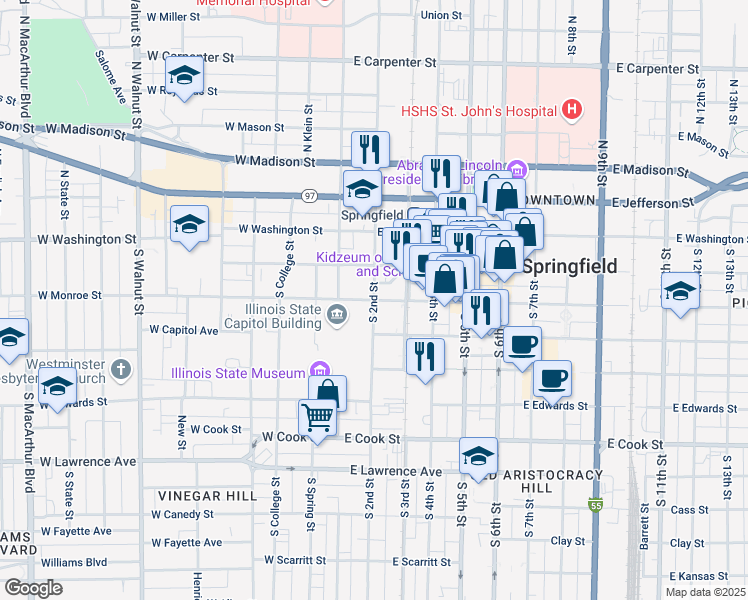 map of restaurants, bars, coffee shops, grocery stores, and more near 200 East Monroe Street in Springfield
