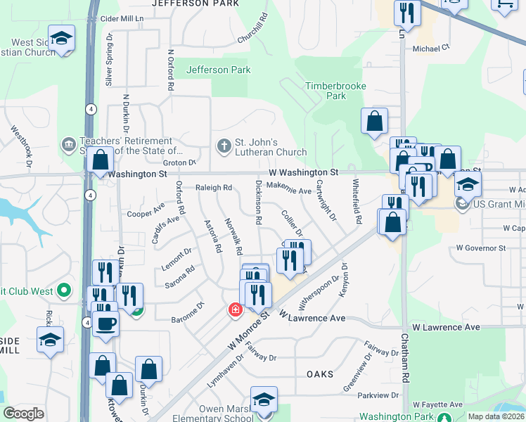 map of restaurants, bars, coffee shops, grocery stores, and more near 122 Dickinson Road in Springfield
