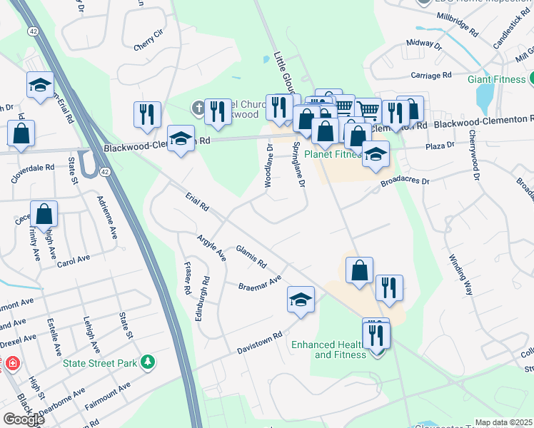 map of restaurants, bars, coffee shops, grocery stores, and more near 50 Springlane Drive in Gloucester Township