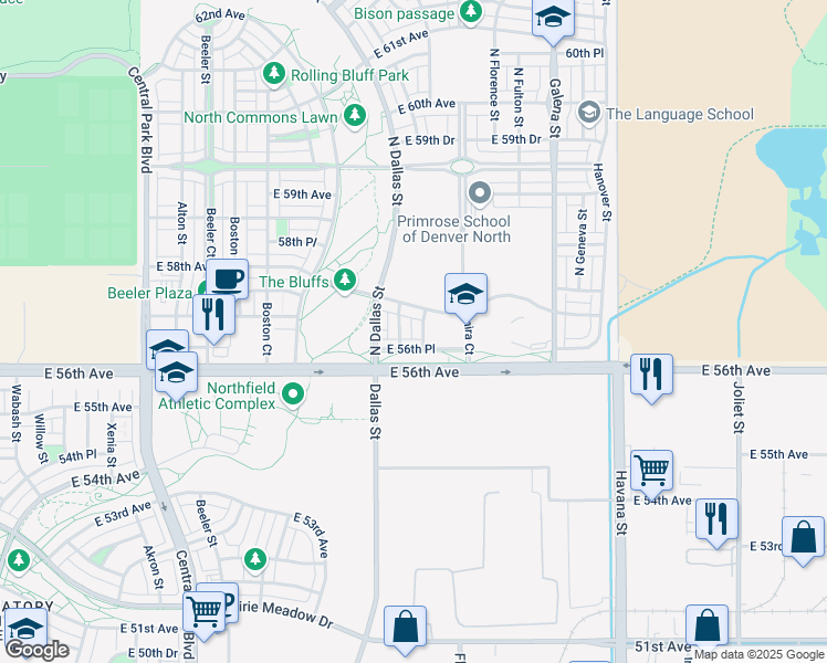 map of restaurants, bars, coffee shops, grocery stores, and more near 9703 East 56th Avenue in Denver