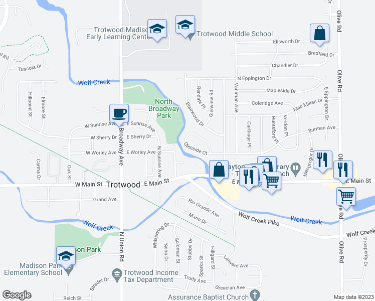 map of restaurants, bars, coffee shops, grocery stores, and more near 290 Burman Avenue in Dayton