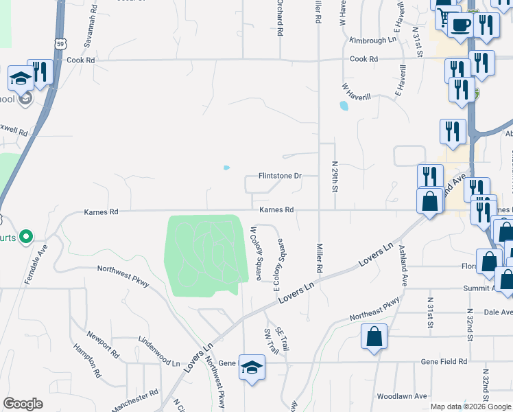 map of restaurants, bars, coffee shops, grocery stores, and more near 2603 Karnes Road in Saint Joseph