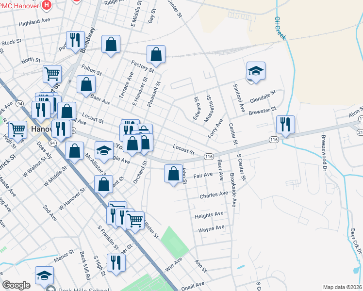map of restaurants, bars, coffee shops, grocery stores, and more near 550 Locust St in Hanover