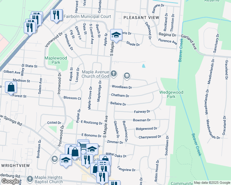 map of restaurants, bars, coffee shops, grocery stores, and more near 225 Chatham Drive in Fairborn