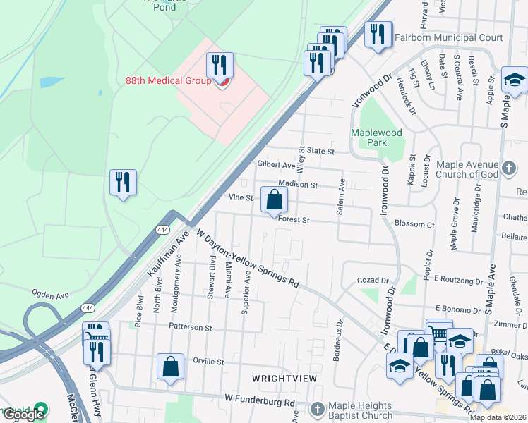 map of restaurants, bars, coffee shops, grocery stores, and more near 355 Forest St in Fairborn
