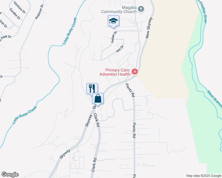 map of restaurants, bars, coffee shops, grocery stores, and more near 9272 Skyway in Paradise
