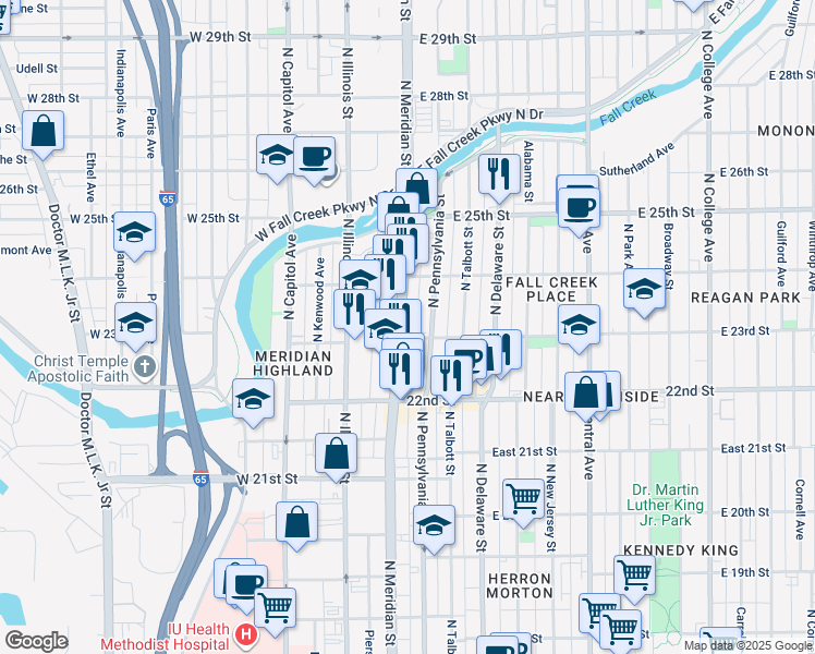 map of restaurants, bars, coffee shops, grocery stores, and more near 2305 North Meridian Street in Indianapolis