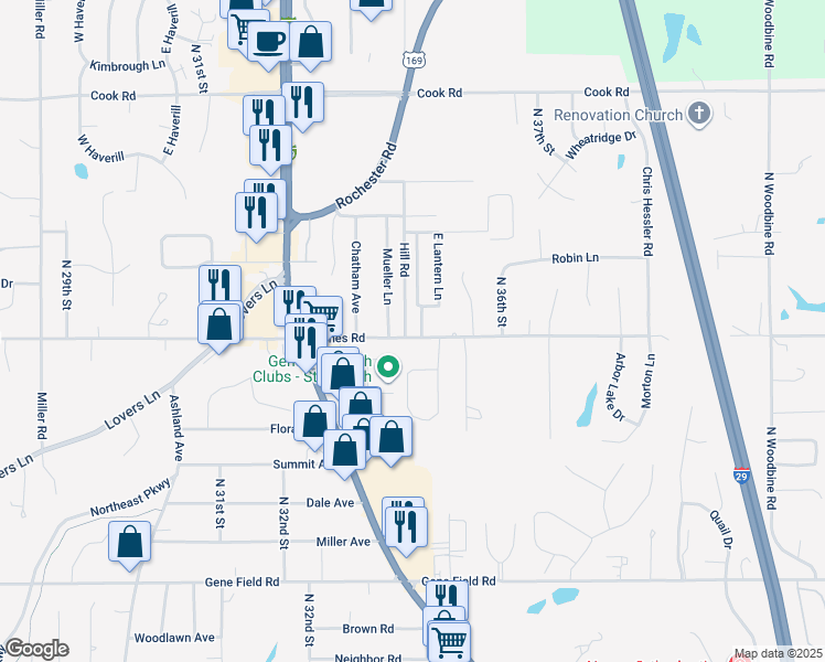 map of restaurants, bars, coffee shops, grocery stores, and more near 3302 Lantern Lane in Saint Joseph