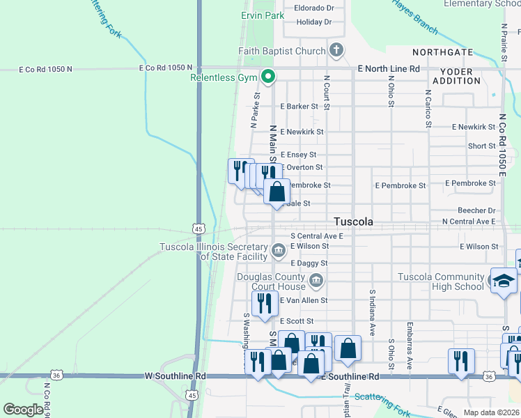 map of restaurants, bars, coffee shops, grocery stores, and more near 117 West Sale Street in Tuscola
