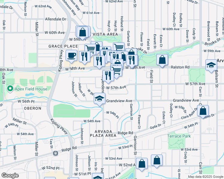 map of restaurants, bars, coffee shops, grocery stores, and more near 9436 West 57th Avenue in Arvada