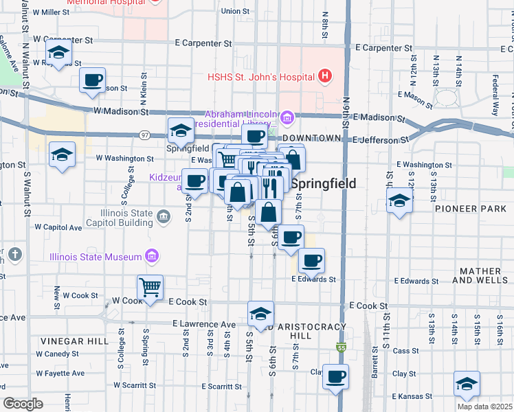 map of restaurants, bars, coffee shops, grocery stores, and more near 505 East Monroe Street in Springfield