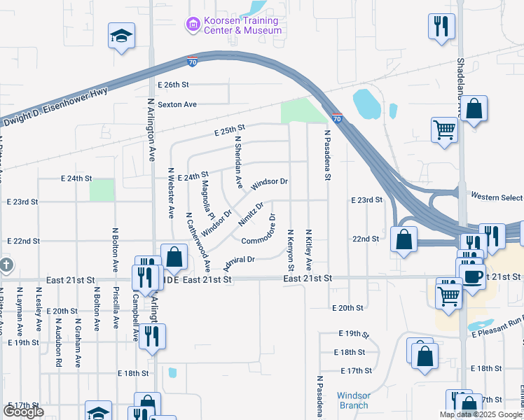 map of restaurants, bars, coffee shops, grocery stores, and more near 6189 Nimitz Drive in Indianapolis
