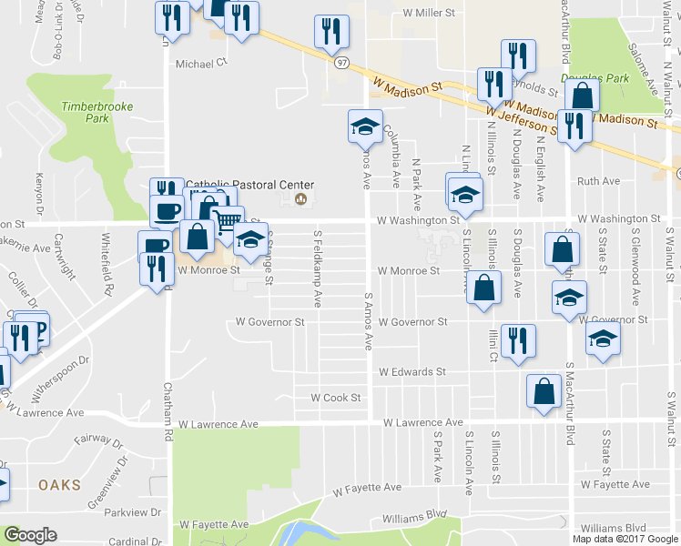 map of restaurants, bars, coffee shops, grocery stores, and more near 1532 West Monroe Street in Springfield