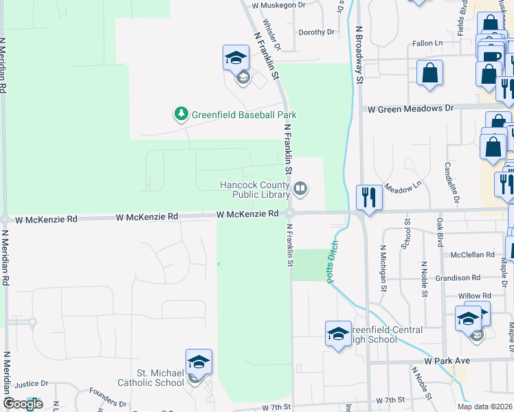 map of restaurants, bars, coffee shops, grocery stores, and more near 1108 West McKenzie Road in Greenfield
