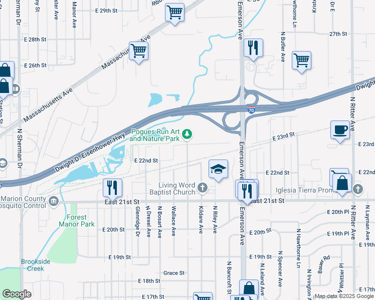 map of restaurants, bars, coffee shops, grocery stores, and more near 2251 Dequincy Street in Indianapolis