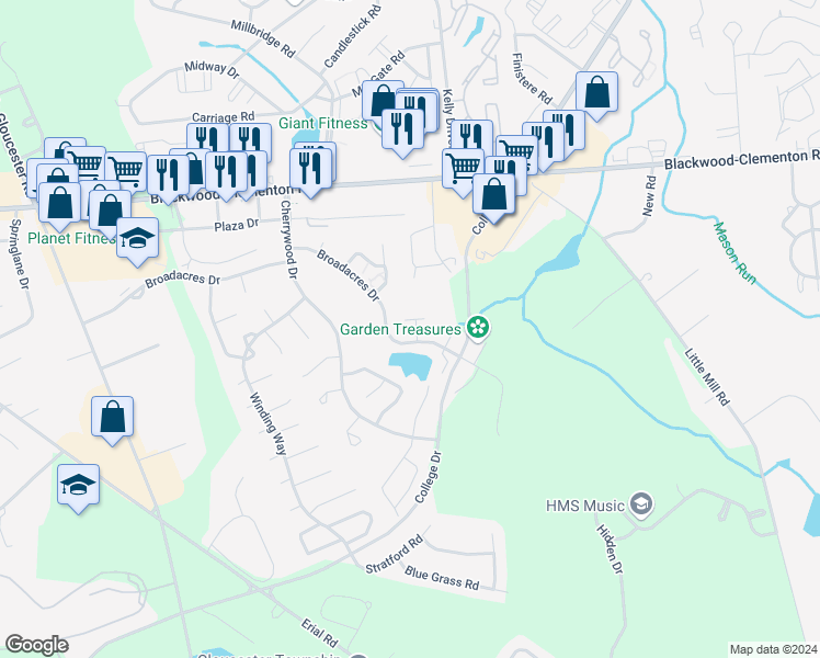 map of restaurants, bars, coffee shops, grocery stores, and more near 1306 Huntingdon Mews in Clementon