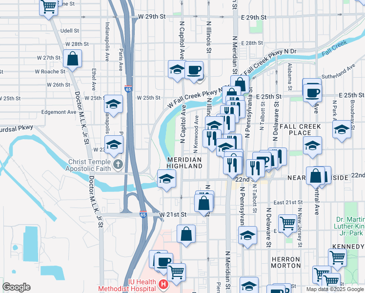 map of restaurants, bars, coffee shops, grocery stores, and more near 2320 North Capitol Avenue in Indianapolis