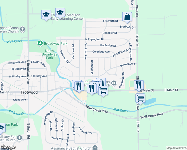 map of restaurants, bars, coffee shops, grocery stores, and more near 300 Carthage Place in Dayton