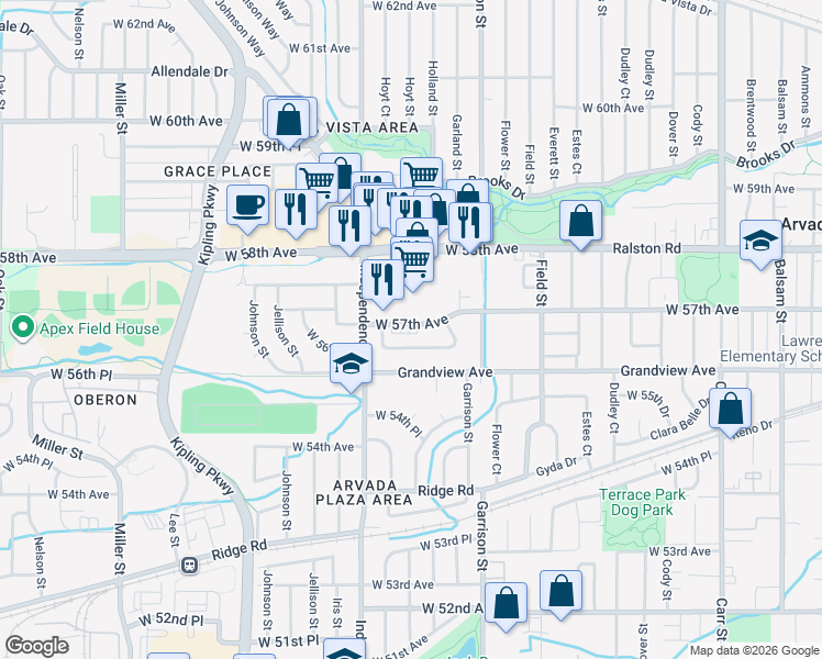 map of restaurants, bars, coffee shops, grocery stores, and more near 9436 West 57th Avenue in Arvada
