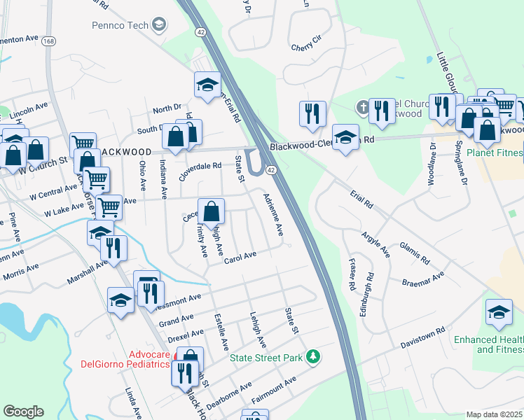 map of restaurants, bars, coffee shops, grocery stores, and more near 115 State Street in Camden County