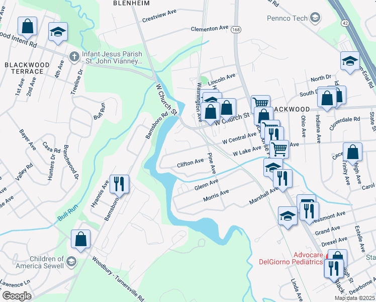map of restaurants, bars, coffee shops, grocery stores, and more near 248 West Central Avenue in Gloucester Township