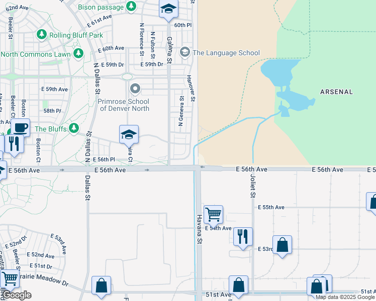 map of restaurants, bars, coffee shops, grocery stores, and more near 5667 Hanover Street in Denver