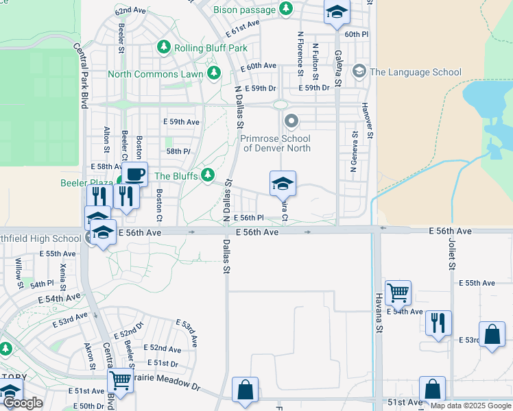 map of restaurants, bars, coffee shops, grocery stores, and more near 9703 East 56th Avenue in Denver