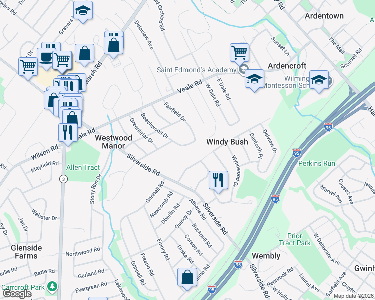map of restaurants, bars, coffee shops, grocery stores, and more near 1900 Beechwood Drive in Wilmington