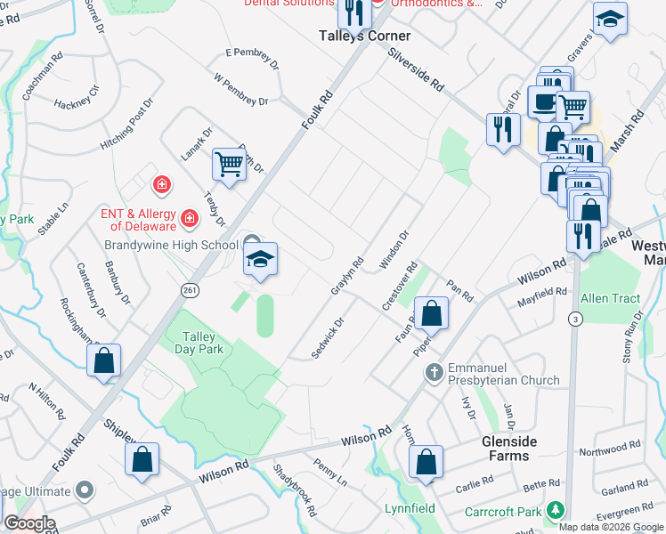 map of restaurants, bars, coffee shops, grocery stores, and more near 2402 Heather Road West in Wilmington