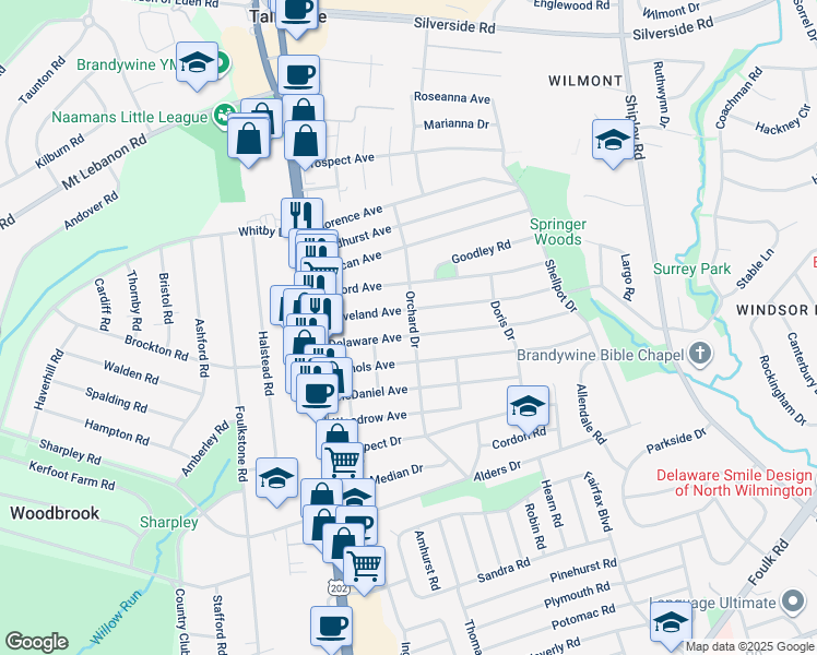 map of restaurants, bars, coffee shops, grocery stores, and more near 213 Delaware Avenue in Wilmington