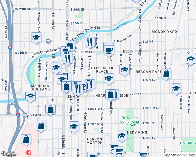 map of restaurants, bars, coffee shops, grocery stores, and more near 2306 North New Jersey Street in Indianapolis