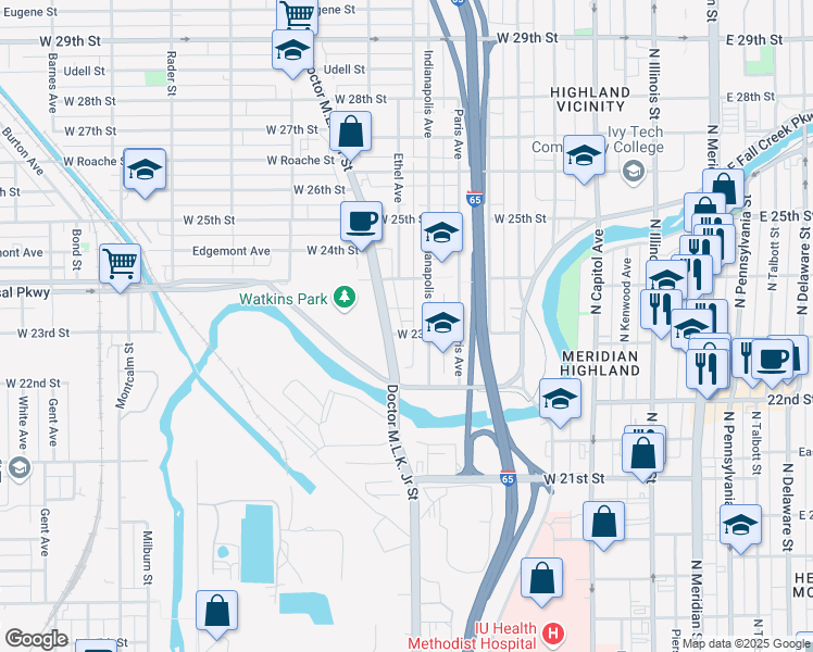 map of restaurants, bars, coffee shops, grocery stores, and more near 528 West 23rd Street in Indianapolis