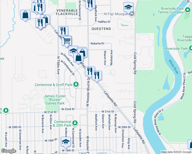 map of restaurants, bars, coffee shops, grocery stores, and more near 2340 Lafayette Road in Indianapolis