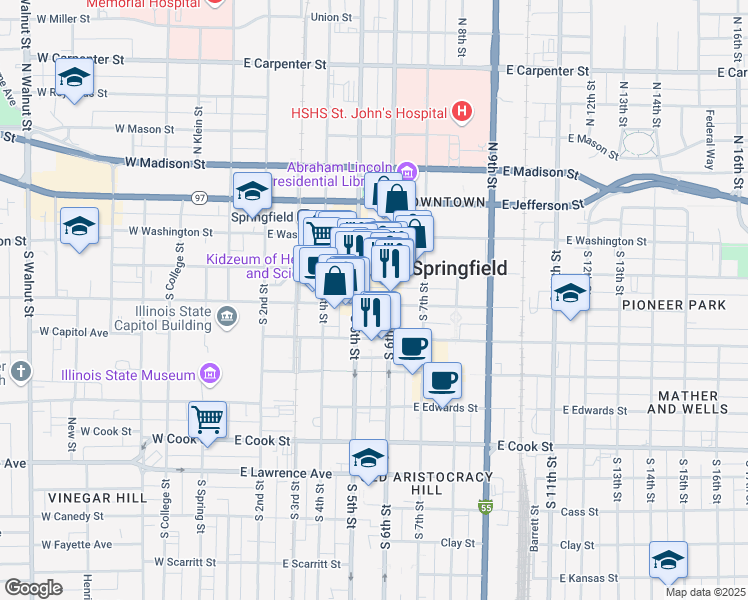 map of restaurants, bars, coffee shops, grocery stores, and more near 505 East Monroe Street in Springfield