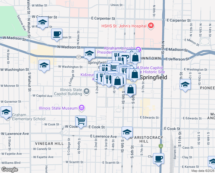 map of restaurants, bars, coffee shops, grocery stores, and more near 200 East Monroe Street in Springfield