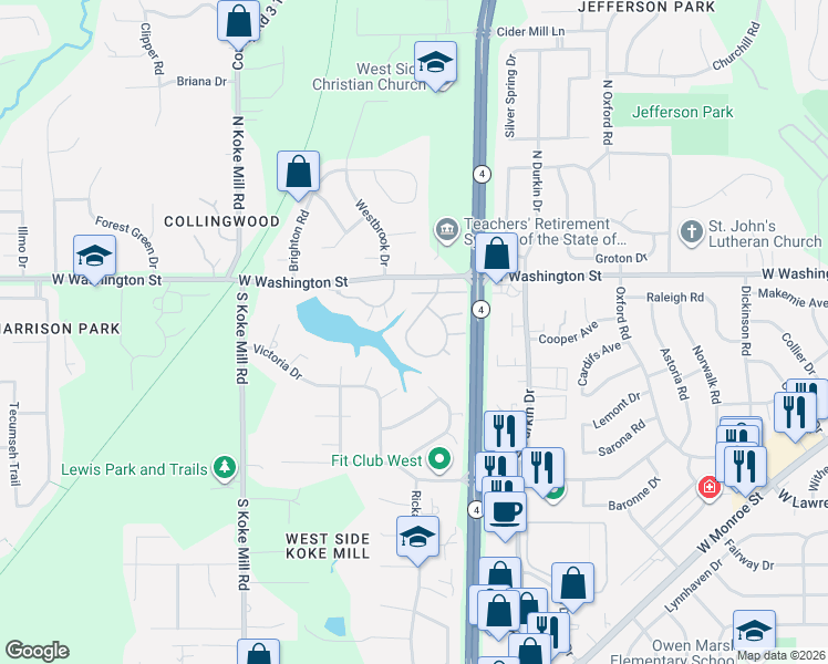 map of restaurants, bars, coffee shops, grocery stores, and more near 10-64 Trailridge Lane in Springfield