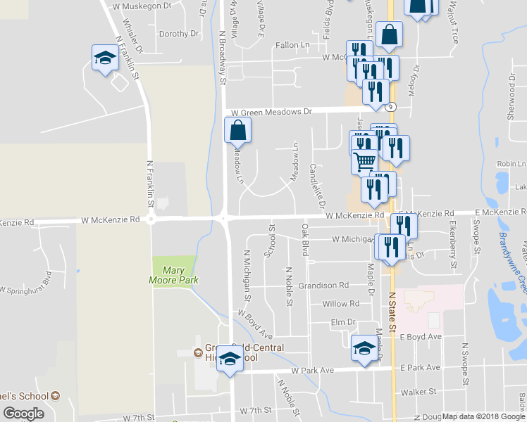 map of restaurants, bars, coffee shops, grocery stores, and more near 618 West McKenzie Road in Greenfield