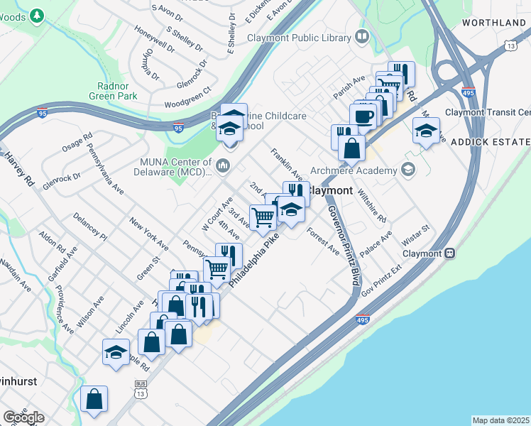 map of restaurants, bars, coffee shops, grocery stores, and more near 101 Commonwealth Avenue in Claymont