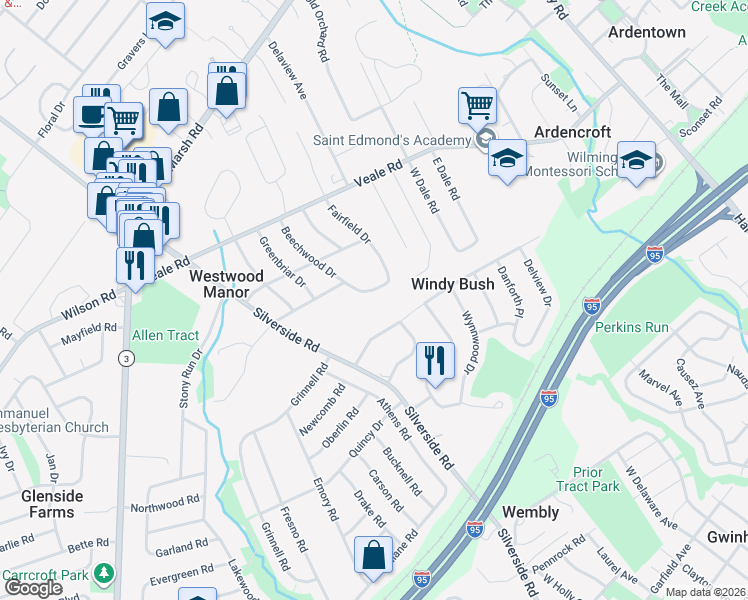 map of restaurants, bars, coffee shops, grocery stores, and more near 1900 Beechwood Drive in Wilmington