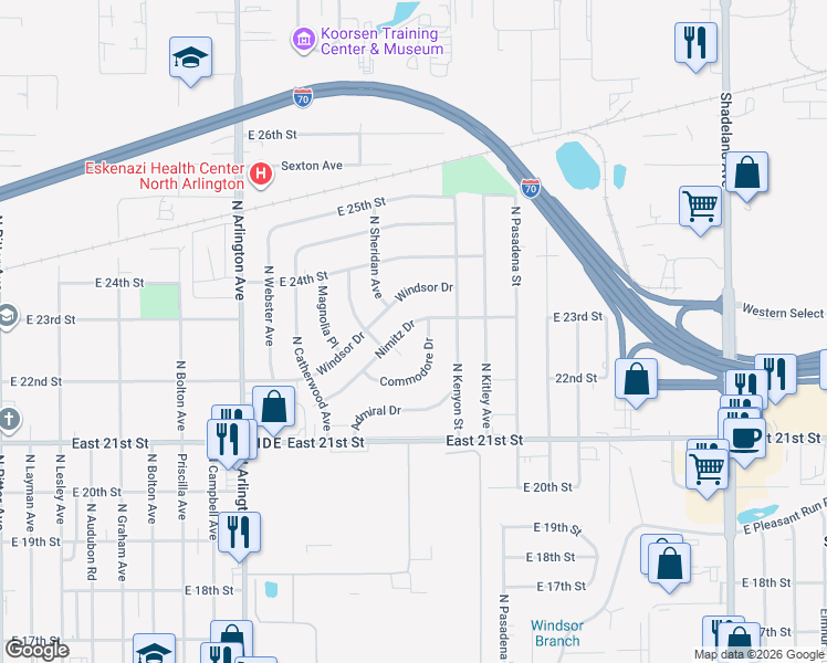 map of restaurants, bars, coffee shops, grocery stores, and more near 6191 Nimitz Drive in Indianapolis
