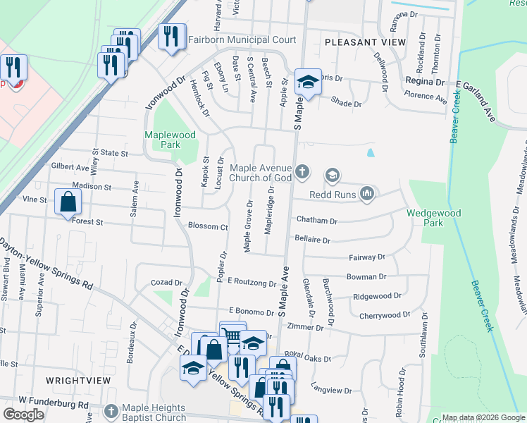 map of restaurants, bars, coffee shops, grocery stores, and more near 1389 Mapleridge Dr in Fairborn